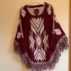 Burgundy Aztec Fringe Knit Poncho Sweater